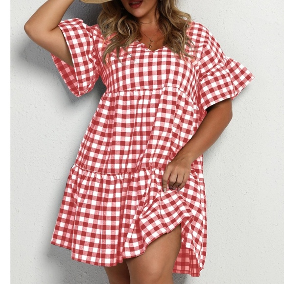 Gingham Scalloped Trim Front Pocket Ruffle Hem Mini Dress main image 0